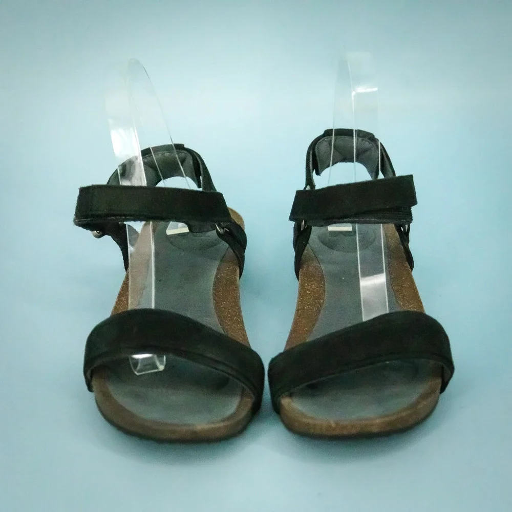 Teva Size 9 Mahonia Stitch Black Suede Leather Ankle Strap Cork Sole Sandals